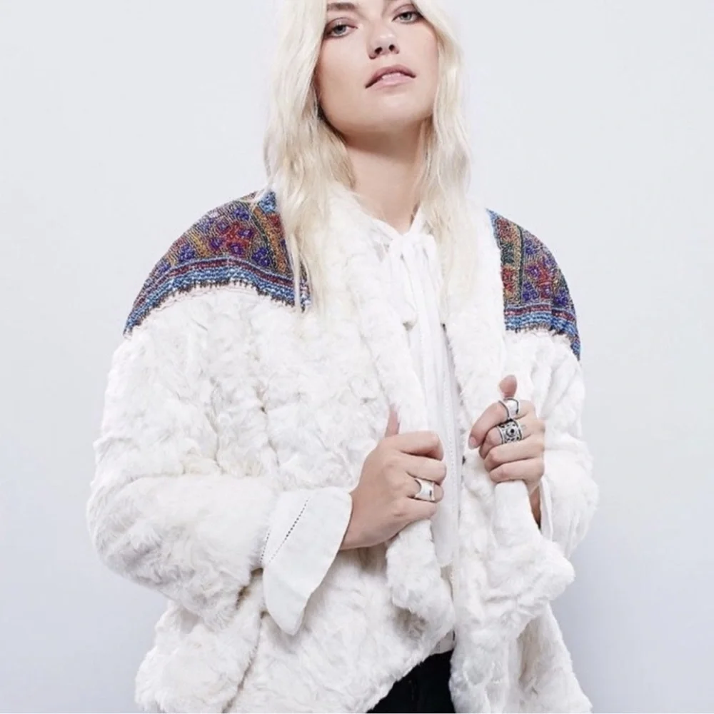 Free People Patched In Prine Beaded Furry Coat Small - Picture 9 of 10